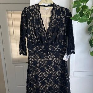 Kiyonna Black Tan Nude Cream Beige Scalloped Boudoir Lace Stretchy Elegant Dress